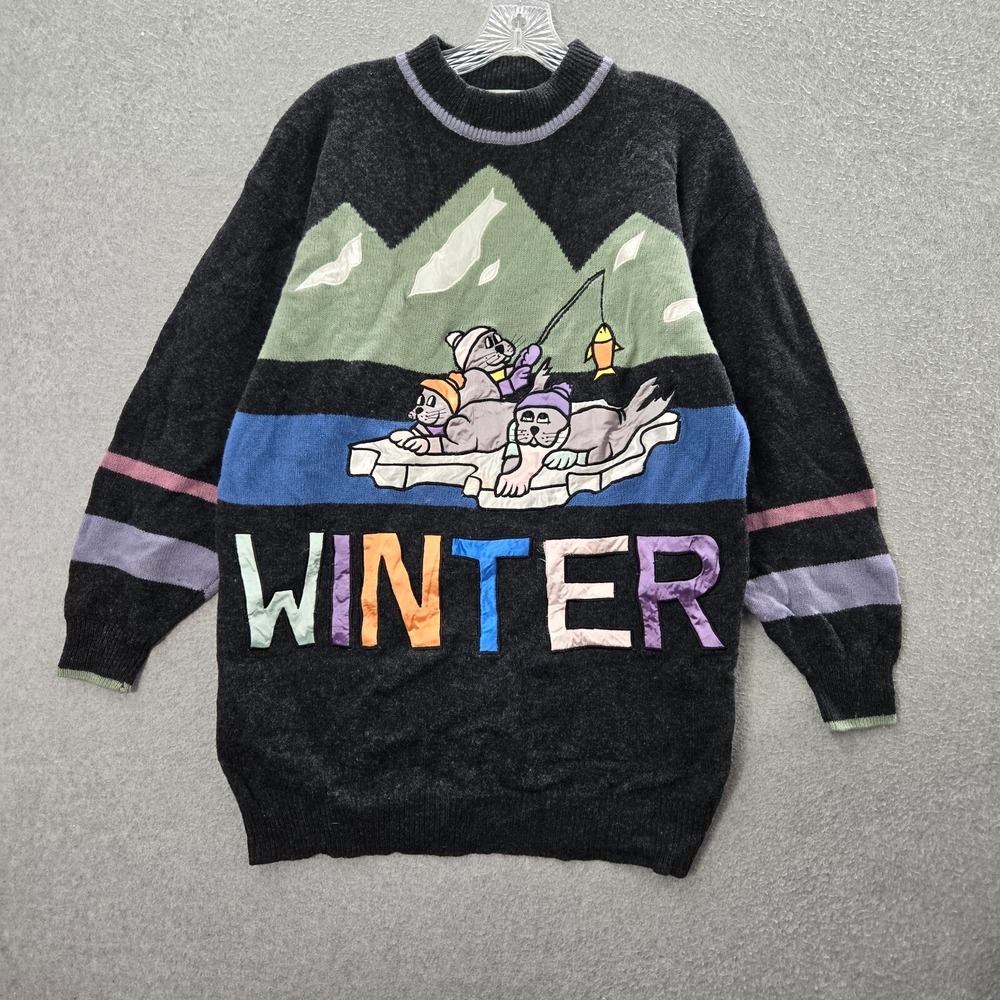 VINTAGE Freestyle Women‎ Sweater M Wool Tunic Winter Sea Lion Embroidered 90s